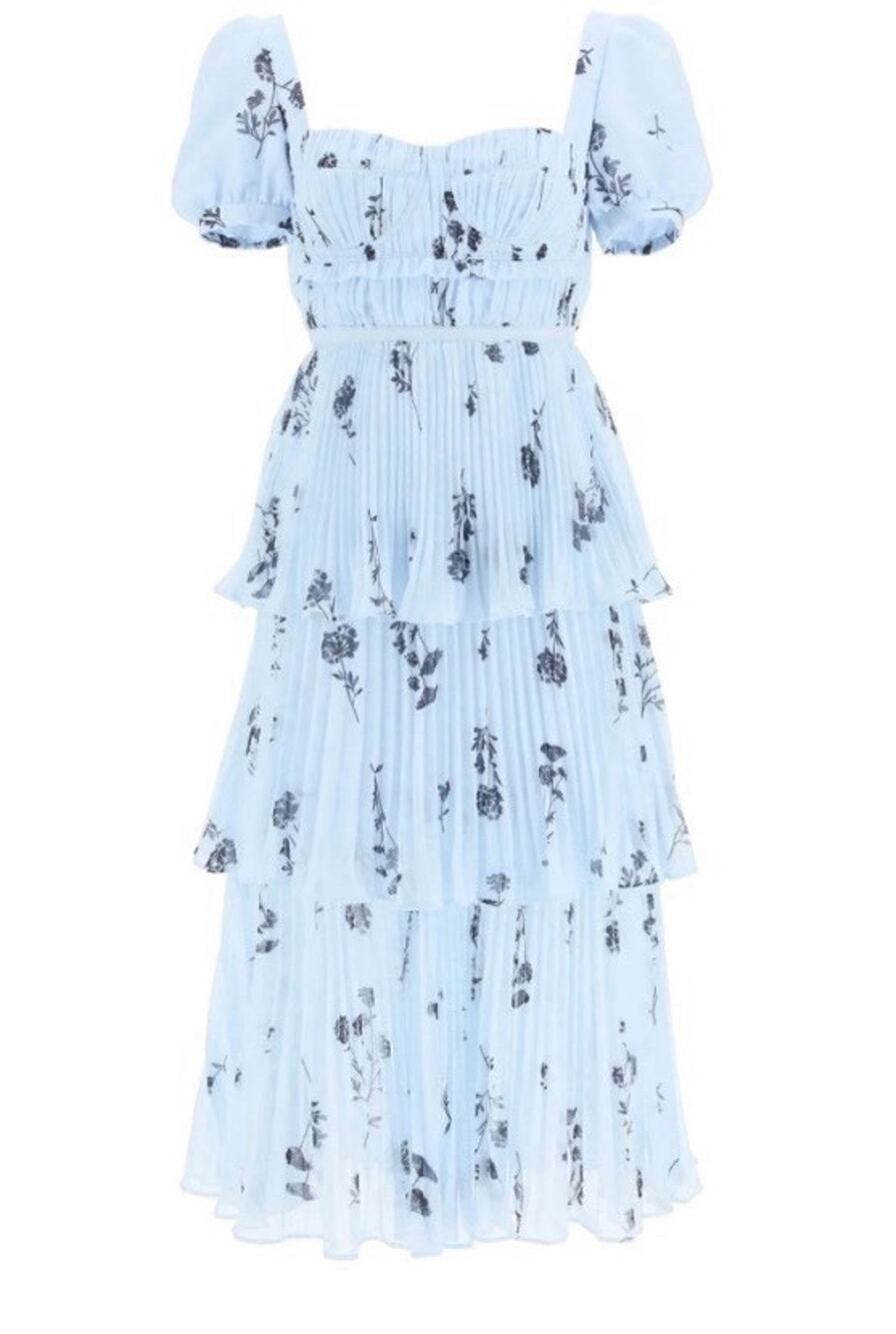 Self Portrait blue Silhouette tiered chiffon pleated Floral midi dress Sz US6 (K